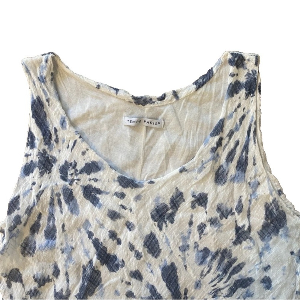TEMPO PARIS Italian Tiered Tank Dress Cotton Blend White Indigo Tie Dye Medium - Picture 2 of 6